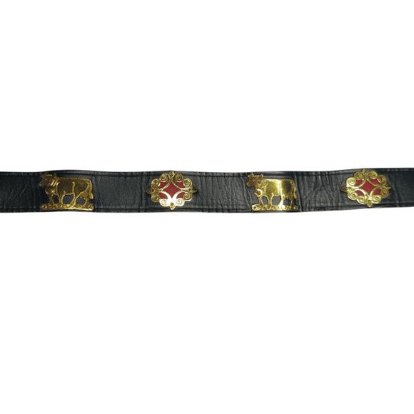 Vtg Traditional Swiss Appenzeller Black Leather Cow Farmer Embellished Belt M/L - Picture 4 of 9